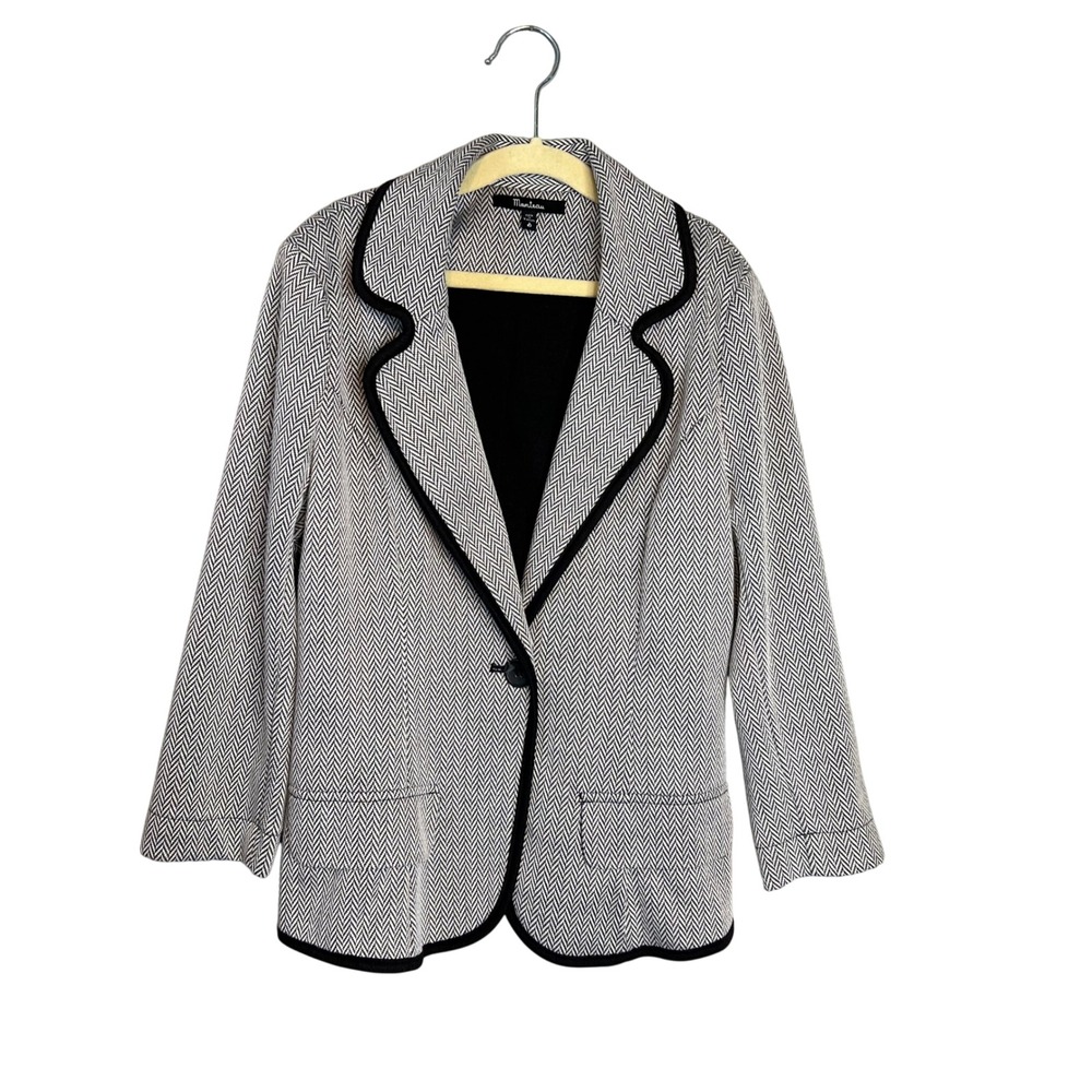 Monteau Blazer Womens‎ Size S Black White Herringbone Knit Contrast Trim